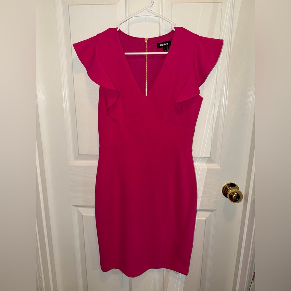 DKNY Pink Midi V-Neck Sheath Dress